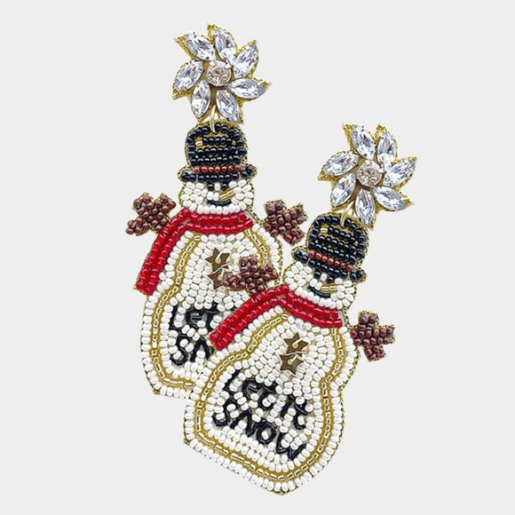LET IT SNOW Seed Beaded Crystal Accent Snowman Christmas Holiday Earrings - Picture 1 of 2